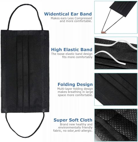 100 Pack Medical Grade Black Disposable Face Masks-Protective 3 Ply Face Mask for Adults, Comfortable,Soft, Breathable