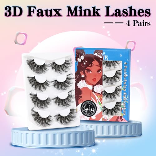 Losha 25mm Lashes Big Fluffy False Eyelashes 3D Dramatic Long Volume Faux Mink Lashes Pack 4 Pairs