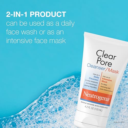 Neutrogena Clear Pore 2 in 1 Facial Cleanser/Face Mask with Kaolin & Bentonite Clay & 3.5% Benzoyl Peroxide Acne Treatment...