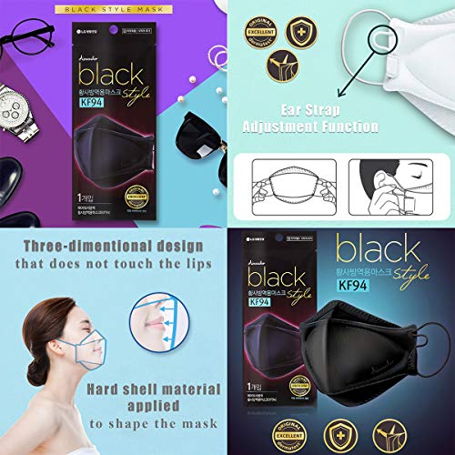 [LG Airwasher] KF94 Disposable Face Mask, 10 Pack - Made in Korea, Black Breathable Reusable Face Mask, Individually Wrapp...
