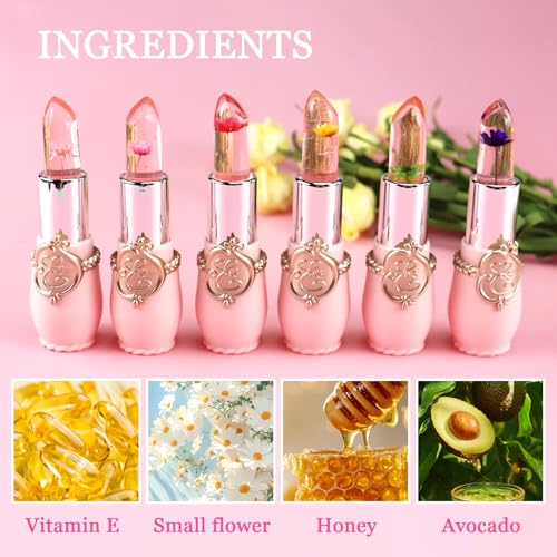 6PCS Crystal Flower Jelly Lipstick Set,Moisturizing Color Changing Lip Gloss Set,Clear Tinted Magic Lip Stain Moisturizer ...
