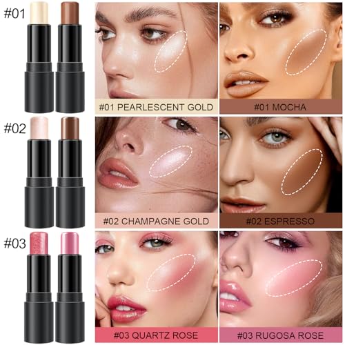6 Colors Cream Contour Stick Makeup Kit, Shades with Highlighter, Blush and Double-End Bronzer Contour Stick for Sculpt th...