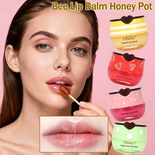 4 PCS Bee Lip Balm Honey Pot, Honey Balm Moisturizing Lip Mask Hydrating Prevention Dry and Cracked Lip Scrubs Exfoliator,...