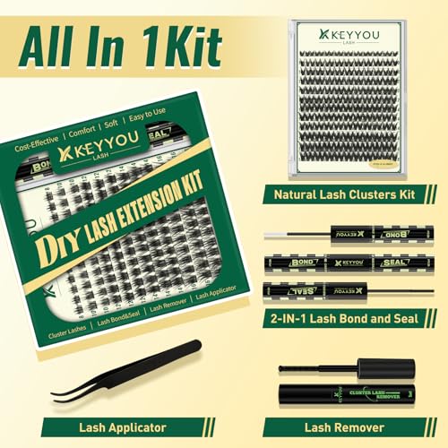 KEYYOULASH Lash Clusters Kit Thick 120pcs 8-18MIX Lash Extension Kit Volume Lash Clusters with Bond and Seal,Remover,Appli...