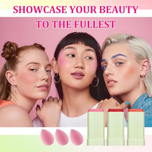 3PCS Blush Stick for Cheeks,Multi-use Solid Matte Makeup Stick Blush Cream for Cheek Eyes and Lips Tint,Moisturizing Tinte...