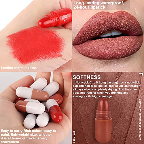 BINGBRUSH 18Pcs Pill Lipstick Capsules Samples Mini Set Makeup, Long Lasting Lip Stain Lápiz Labial Rojo Women Red Cute Li...