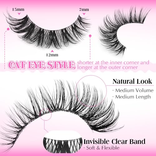 PVDKIW Wispy Lashes False Eyelashes Clear Band Cat Eye Lashes Natural Look 15MM Fake Eyelashes Pack Pestañas Postizas Natu...