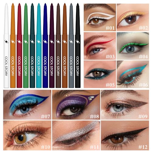12 Colors Shimmer Eyeliner Pen Set, Waterproof, Long-Lasting, Glitter Eyeliner for Bold Eye Makeup, Metallic Glitter Finis...