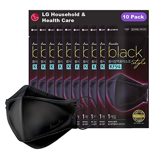 [LG Airwasher] KF94 Disposable Face Mask, 10 Pack - Made in Korea, Black Breathable Reusable Face Mask, Individually Wrapp...