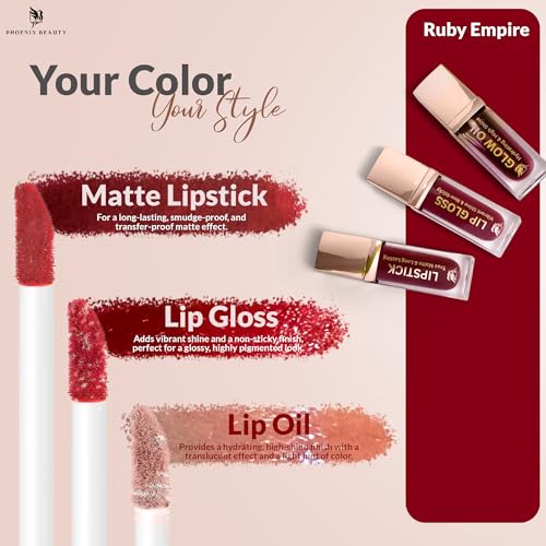 Phoenix Beauty Lip Trio – Deep Red Matte Lipstick + Gloss & Lip Oil | Smudge-Proof Lipstick + Moisturizing Gloss with Jojo...