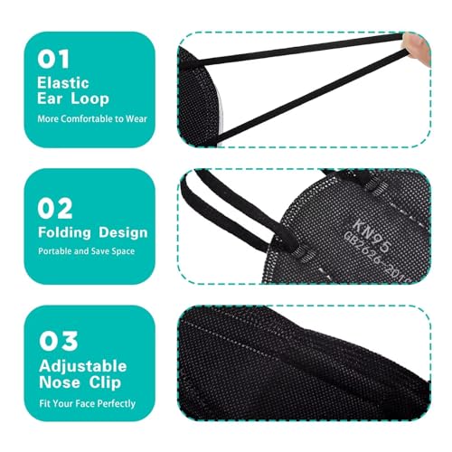 LEMENT 50pcs KN95 Face Mask Black 5 Layer Cup Dust Safety Masks Filter Efficiency≥95% Breathable Elastic Ear Loops Black M...