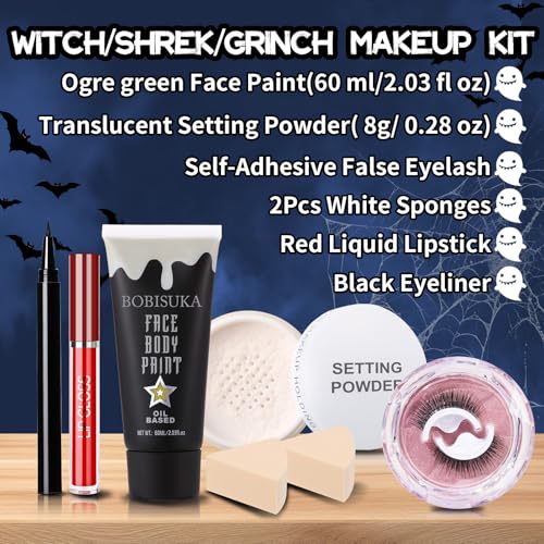 6 PCS Halloween Witch Makeup Set - Includes Ogre Green Face Body Paint(60ml), Black Eyeliner, False Eyelashes, Red Lipstic...