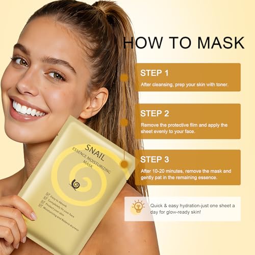 AOPEIBOTO Snail Mucin Mask, Pack of 10 Snail Mucin Sheet Masks, Deep Hydrating Face Mask for All Skin Types, Moisturizing,...