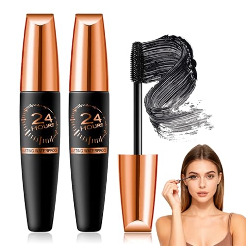 2Pcs Waterproof Silk Fibre Thick Lengthening Mascara, 4D Waterproof Silk Fibre Thick Lengthening Mascara, Long Lasting Smu...