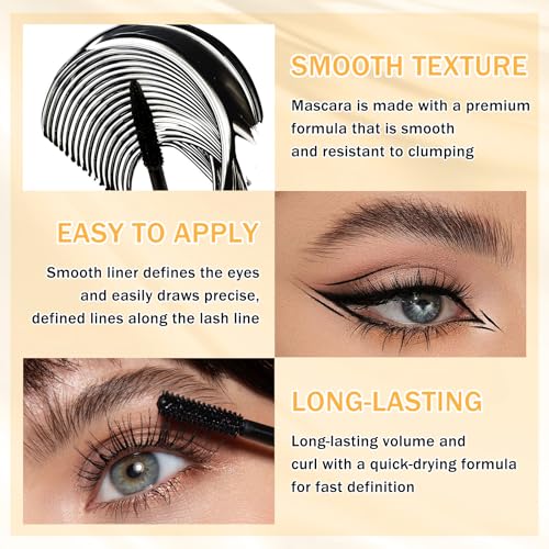 6PCS Black Mascara & Eyeliner Pen Makeup Gift Set,Waterproof Long Lasting Smudge Proof Volume and Length Mascara, Easy to ...