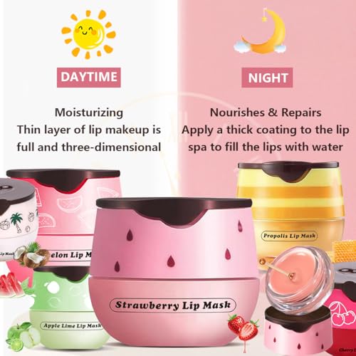 4 PCS Honey Lip Mask, Strawberry & Watermelon & Apple Lime Lip Sleeping Mask Propolis Moisturizing Lip Balm with Stick, Vi...