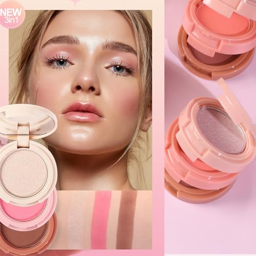 3-in-1 Blendable Trio, Contour and Highlight Blush Makeup Palette, Cream Bronzer, Silky Smooth Powder Blush, Shimmer Highl...