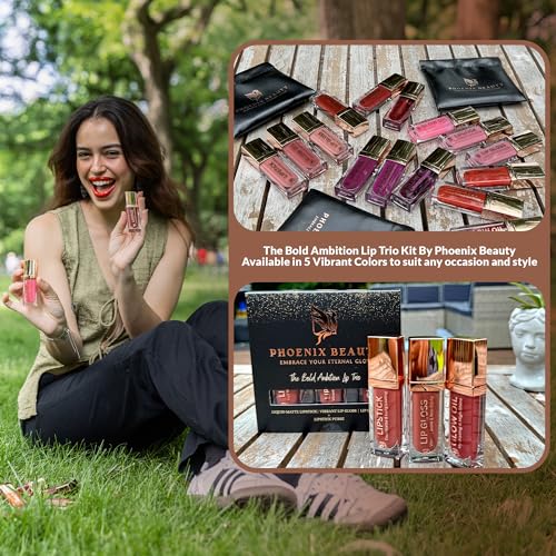 Phoenix Beauty Lip Trio – Deep Red Matte Lipstick + Gloss & Lip Oil | Smudge-Proof Lipstick + Moisturizing Gloss with Jojo...