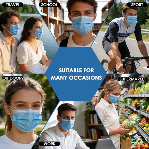 NNPCBT Blue Disposable Face Masks 100 Pack,3-Ply Breathable Mask For Adults,Great For Outdoors,Home, Office, School