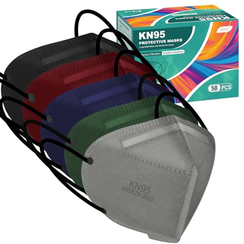 XDX KN95 Face Masks, 50 Pack Individually Wrapped Multicolor Face Masks for Men and Women, 5 Layers Breathable Masks Dispo...