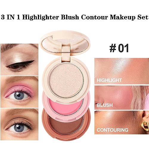 3-in-1 Blendable Trio, Contour and Highlight Blush Makeup Palette, Cream Bronzer, Silky Smooth Powder Blush, Shimmer Highl...