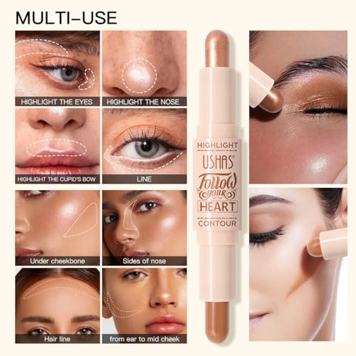 USHAS 2pcs Concealer Stick and highlighter 2 in 1 Dual-Ended Contour Contouring Makeup Stick, Natural Coverage, Lightweigh...