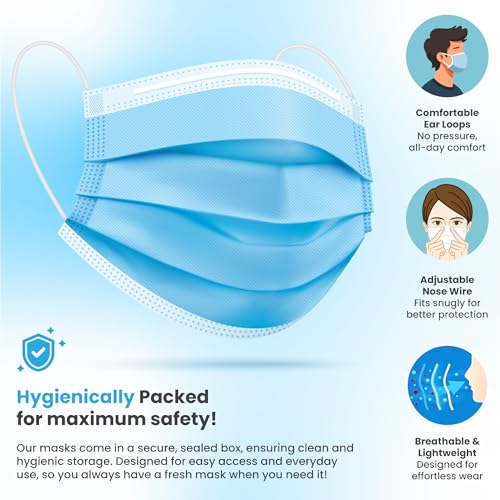 PURE GEM [Pack of 150] Single Use Disposable Blue Face Mask, Soft on Skin, 3-ply Masks Facial Cover with Elastic Earloops ...