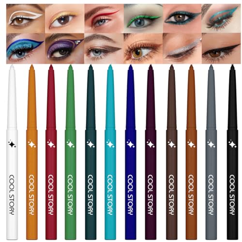 12 Colors Shimmer Eyeliner Pen Set, Waterproof, Long-Lasting, Glitter Eyeliner for Bold Eye Makeup, Metallic Glitter Finis...