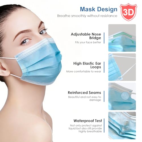 NNPCBT Blue Disposable Face Masks 100 Pack,3-Ply Breathable Mask For Adults,Great For Outdoors,Home, Office, School