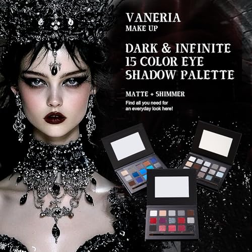 VANERIA Black Smoky Eyeshadow Palette,15 Colors Goth Makeup Palette,Silver Grey Eyeshadow,High Pigment,Long Wear,Red Glitt...