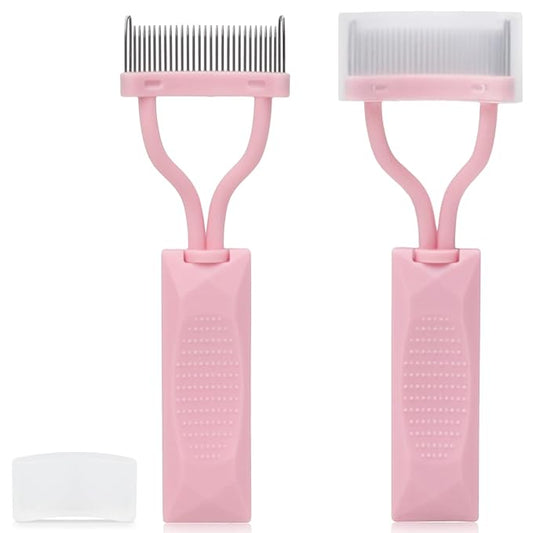 2PCS Arc-Shaped Pink Eyelash Comb – Lash Definer Mascara Separator Tool with Protective Cover