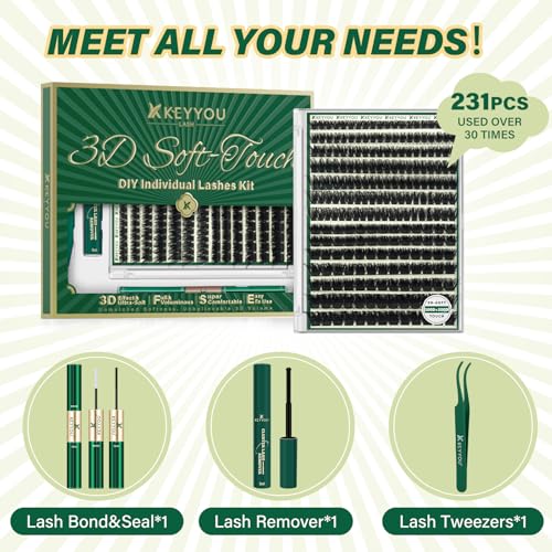 KEYYOU LASH Clusters Kit 3D Effect Eyelash Clusters Kit 231pcs 100D200D 8-16MIX D Curl Individual Lashes Kit Wispy Lashes ...