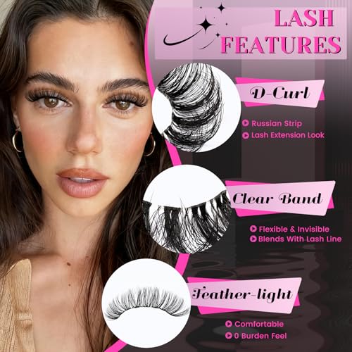 Veleasha Lashes Russian Strip Lashes Eyelashes with Clear Band Looks Like Eyelash Extensions D Curl Lash Strips 10 Pairs P...