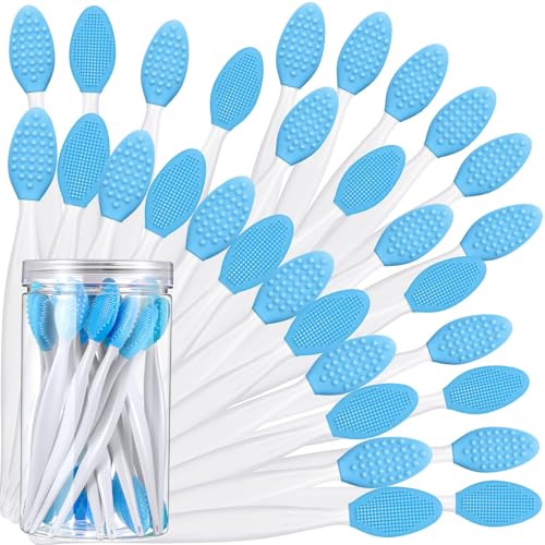 Patelai 30 Pcs Lip Scrubber Exfoliator Double-sided Lip Scrub Brush Silicone Plumper Tool with Container Soft Nose Clean A...