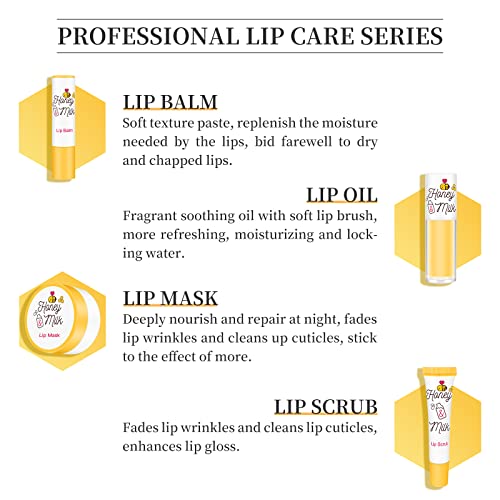 LSxia 4 Piece Honey Milk Lip Mask Lip Balm Lip Scrub Lip Oil Lip Care Kit, Moisturizing & Nourishing Dry and Cracked Lips,...