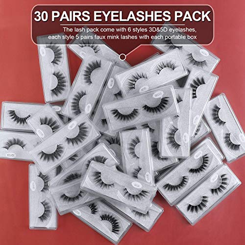 MAGEFY 30 Pairs 6 Styles Faux Mink Eyelashes, 16mm-20mm Lashes Natural Look to Dramatic False Eyelashes, Handmade Reusable...