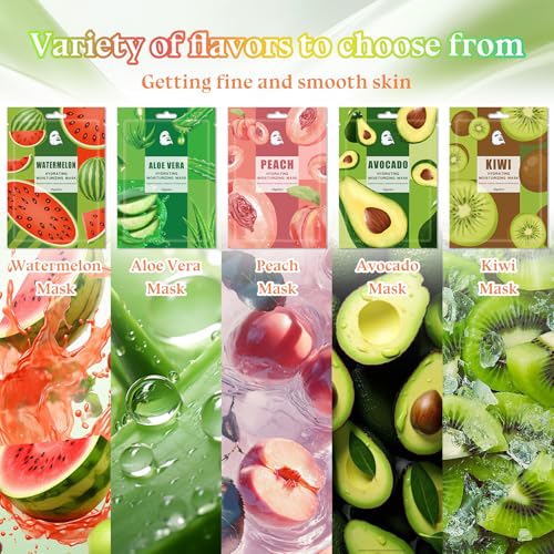 10PCS Hydrating Face Masks,Moisturizing Facial Masks for Women and Men,Fruit Overnight Facial Sheet Mask,Lightweight and N...