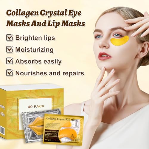 Yihurlm 40 Pcs Lip and Eye Mask Set,Collagen Lip Mask Sheet and Under Eye Patches,Gold Lips Masks Skincare,Gold Gel Crysta...