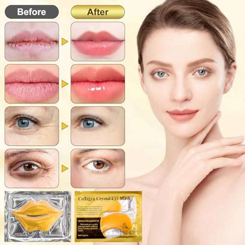 Yihurlm 40 Pcs Lip and Eye Mask Set,Collagen Lip Mask Sheet and Under Eye Patches,Gold Lips Masks Skincare,Gold Gel Crysta...