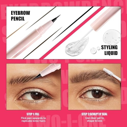 Waterproof Eyebrow Pencil with Fine Tip, 2-in-1 Brow Pen and Sealing Brow Gel, Smudge-Proof, Lightweight and Non-clumping,...
