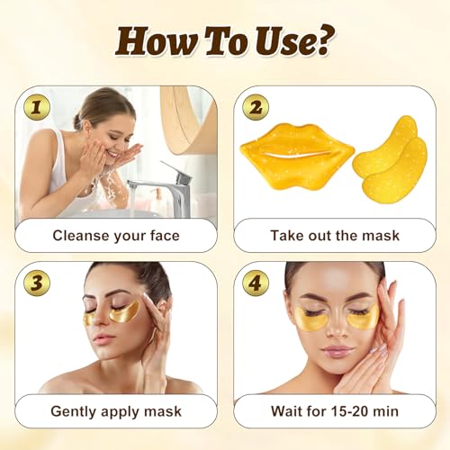 Yihurlm 40 Pcs Lip and Eye Mask Set,Collagen Lip Mask Sheet and Under Eye Patches,Gold Lips Masks Skincare,Gold Gel Crysta...