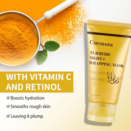 Cuemora Turmeric Overnight Mask, Peel off Face Mask, Bio-Collagen Real Deep Mask, Turmeric Night Wrapping, Vitamin C, Gent...