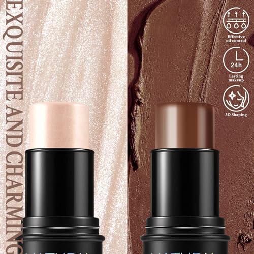 HOSAILY 2 Pcs Cream Contour Highlighter Stick for Face Cheeks, Face Brightens Trimming Cream Bronzer Stick, Waterproof Lon...