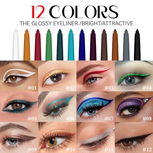 12 Colors Shimmer Eyeliner Pen Set, Waterproof, Long-Lasting, Glitter Eyeliner for Bold Eye Makeup, Metallic Glitter Finis...