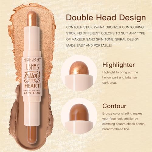 USHAS 2pcs Concealer Stick and highlighter 2 in 1 Dual-Ended Contour Contouring Makeup Stick, Natural Coverage, Lightweigh...