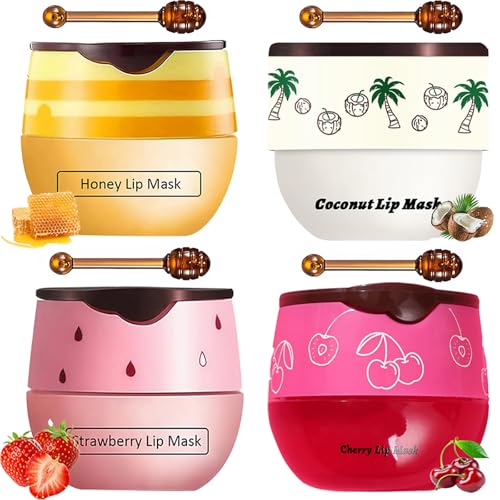 TIRDET 4 PCS Bee Lip Balm Honey Pot, Honey Strawberry Cherry Coconut Sleeping Lip Mask Overnight with Sticks, Exfoliating ...