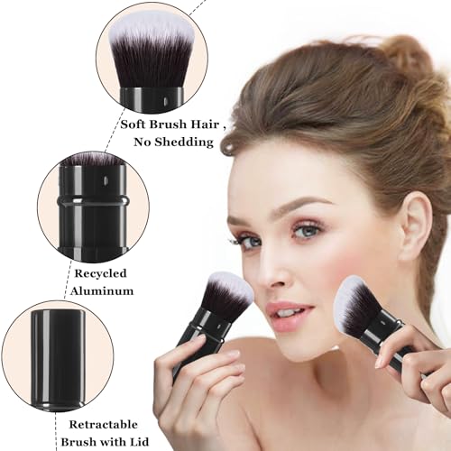 Keriloo Retractable Makeup Brush, 2 Pack Kabuki Travel Powder Foundation Makeup Brush Face Blush Brushes for Blending Liqu...