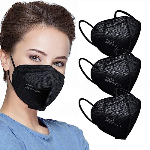LEMENT 50pcs KN95 Face Mask Black 5 Layer Cup Dust Safety Masks Filter Efficiency≥95% Breathable Elastic Ear Loops Black M...