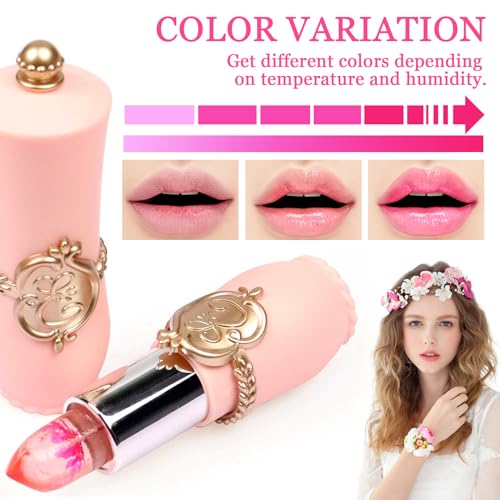 6PCS Crystal Flower Jelly Lipstick Set,Moisturizing Color Changing Lip Gloss Set,Clear Tinted Magic Lip Stain Moisturizer ...
