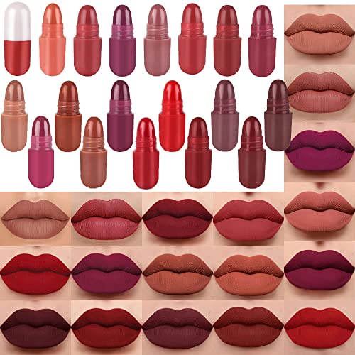BINGBRUSH 18Pcs Pill Lipstick Capsules Samples Mini Set Makeup, Long Lasting Lip Stain Lápiz Labial Rojo Women Red Cute Li...